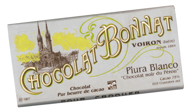 Image d’une tablette de chocolat Bonnat Grand Cru d’Exception 75% de cacao Piura Blanco dans son emballage gris.