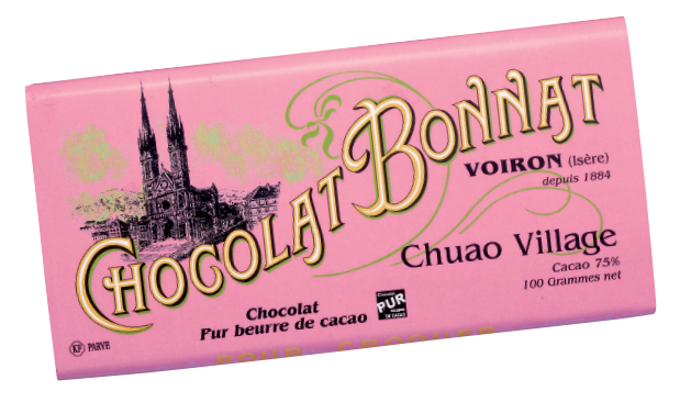 Image d’une tablette de chocolat Bonnat Grand Cru d’Exception 75% de cacao Chuao Village dans son emballage rose clair.