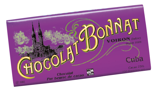 Image d’une tablette de chocolat Bonnat Grand Cru d’Exception 75% de cacao Cuba dans son emballage violet.