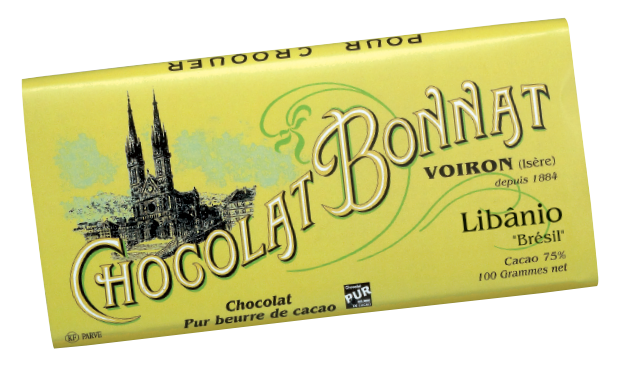 Image d’une tablette de chocolat Bonnat Grand Cru d’Exception 75% de cacao Libânio « Brésil » dans son emballage vert anis foncé.