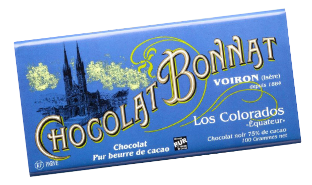 Image d’une tablette de chocolat Bonnat Grand Cru d’Exception 75% de cacao Los Colorados « Equateur » dans son emballage bleu vif.
