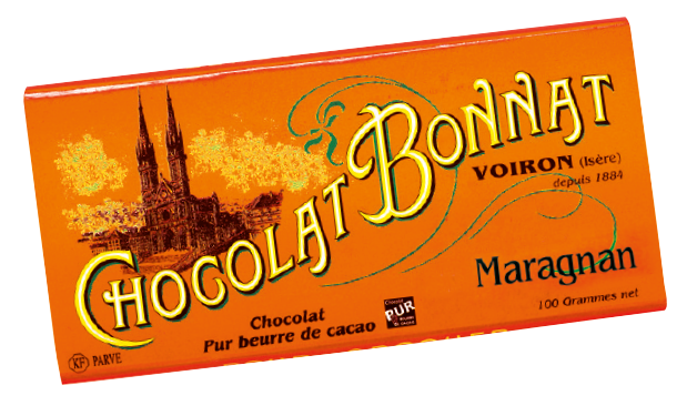 Image d’une tablette de chocolat Bonnat Grand Cru d’Exception 75% de cacao Maragnan dans son emballage orangé vif.