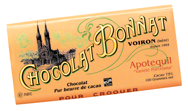 Image d’une tablette de chocolat Bonnat Grand Cru d’Exception 75% de cacao Apotequil dans son emballage mandarine clair.