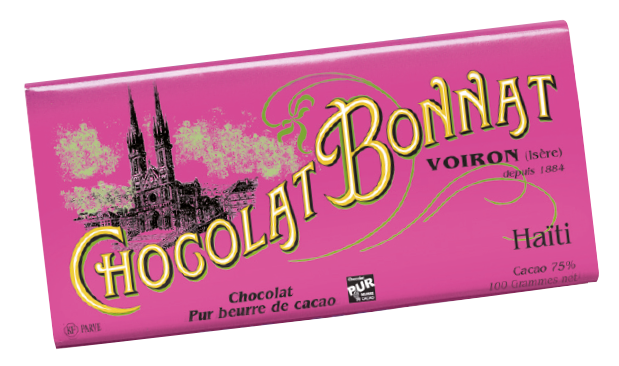Image d’une tablette de chocolat Bonnat Grand Cru d’Exception 75% de cacao Haïti dans son emballage rose foncé.