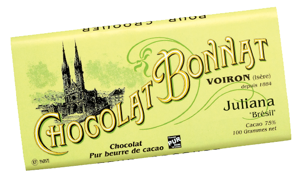 Image d’une tablette de chocolat Bonnat Grand Cru d’Exception 75% de cacao Juliana « Brésil » dans son emballage vert anis clair.