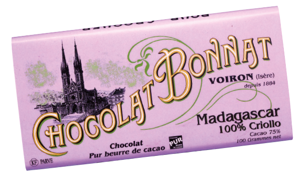 Image d’une tablette de chocolat Bonnat Grand Cru d’Exception 75% de cacao Madagascar 100% Criollo dans son emballage mauve pâle.