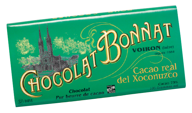 Image d’une tablette de chocolat Bonnat Grand Cru d’Exception 75% de cacao Real Del Xoconusco, dans son emballage vert foncé.