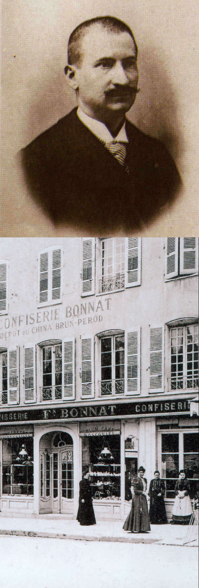 Photo ancienne du Maître-Chocolatier Félix Bonnat, dans les années 1880 ; Il est photographié de trois quart, ses cheveux bruns sont très courts et il porte une moustache brune taillée en crocs. Il a l’air grave et décidé. Il porte une chemise au col droit et une cravate rayée, sous une veste foncée et boutonnée
