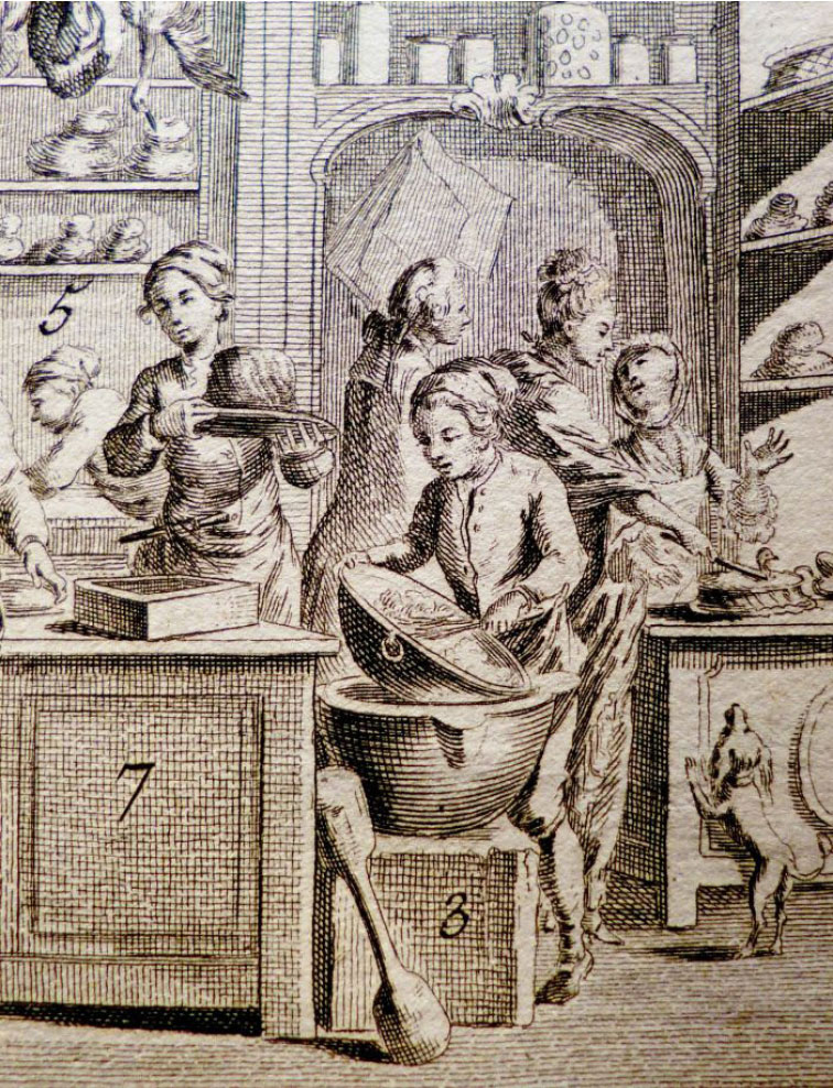 Une gravure ancienne représente une cuisine du 18e siècle. On voit le mobilier, bahut, coffres et étagères. Les ustensiles : grand mortier, pilon, grande bassine, moule, plat, grande cuiller, chinois, fouet, couteau. Du gibier à plume est suspendu au plafond. Sur les étagères, on voit des pots, des pains ou pâtisseries. Des feuilles de papier pendent à un clou. Un petit chien est debout sur ses pattes arrière. Quatre femmes, un jeune garçon et un homme bien vêtu se côtoient. Le jeune garçon et les quatre femmes sont au travail.